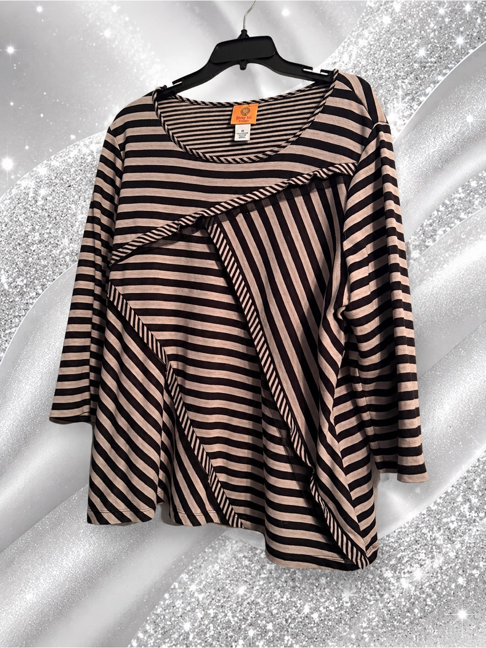 Striped Asymmetric Long-Sleeve Top - Black and Beige
